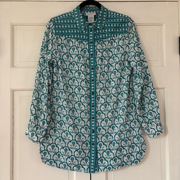 Soft Surroundings Size Small Teal Damask Paisley Diamond Patterned Top Blouse‎ - Picture 1 of 14